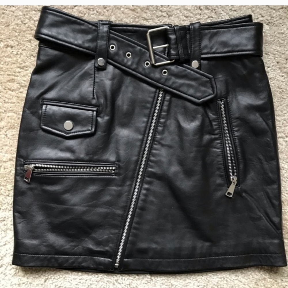Black Faux Leather Mini Skirt with Zipper Details